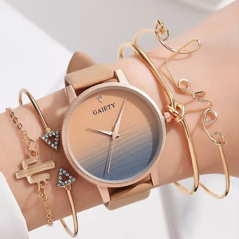 Elegant Gradient Wristwatch with 3 Free Gold Bracelet Set