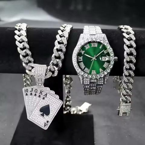 Hip Hop Quartz Watches for Men Miami Cuban Chain With Bracelet Set Playing Cards Pendant Necklace Jewelry Sets Wristwatches