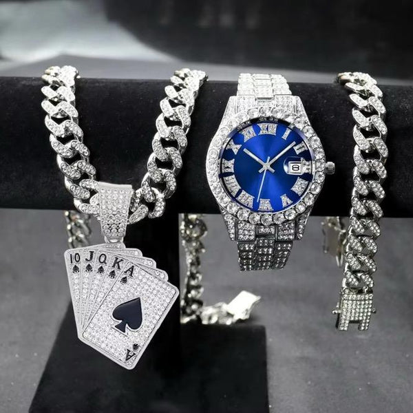 Hip Hop Quartz Watches for Men Miami Cuban Chain With Bracelet Set Playing Cards Pendant Necklace Jewelry Sets Wristwatches