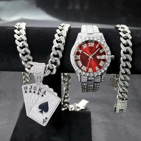Hip Hop Quartz Watches for Men Miami Cuban Chain With Bracelet Set Playing Cards Pendant Necklace Jewelry Sets Wristwatches