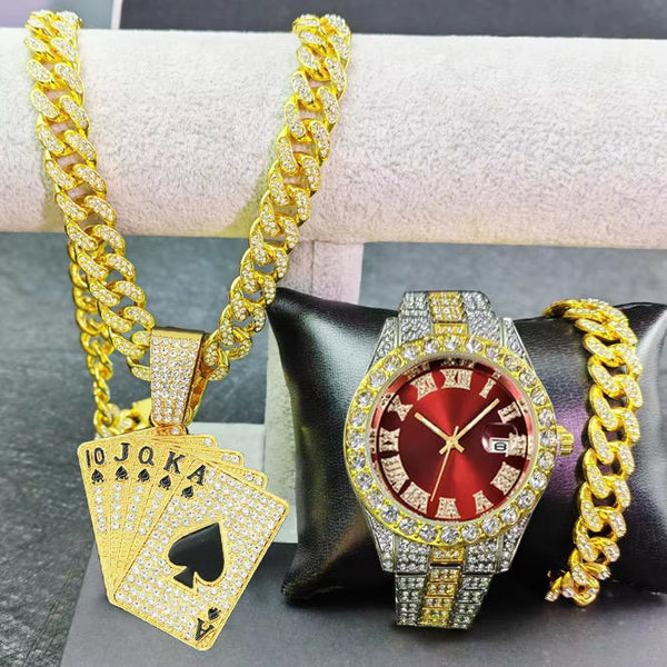 Hip Hop Quartz Watches for Men Miami Cuban Chain With Bracelet Set Playing Cards Pendant Necklace Jewelry Sets Wristwatches