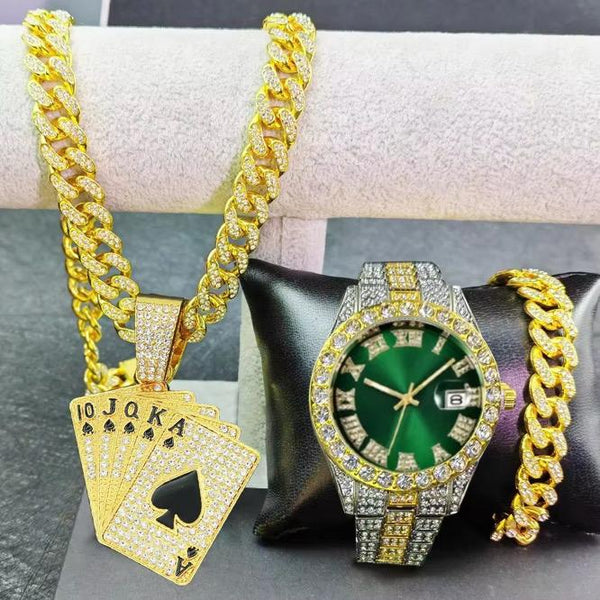Hip Hop Quartz Watches for Men Miami Cuban Chain With Bracelet Set Playing Cards Pendant Necklace Jewelry Sets Wristwatches