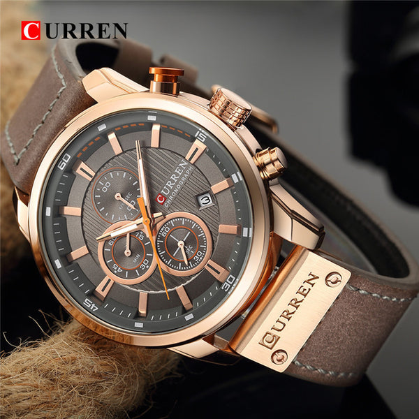 CURREN  Leather Watches Men Brand Waterproof Chronograph Quartz Watch