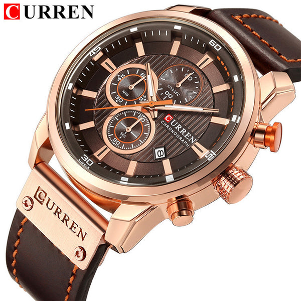 CURREN  Leather Watches Men Brand Waterproof Chronograph Quartz Watch