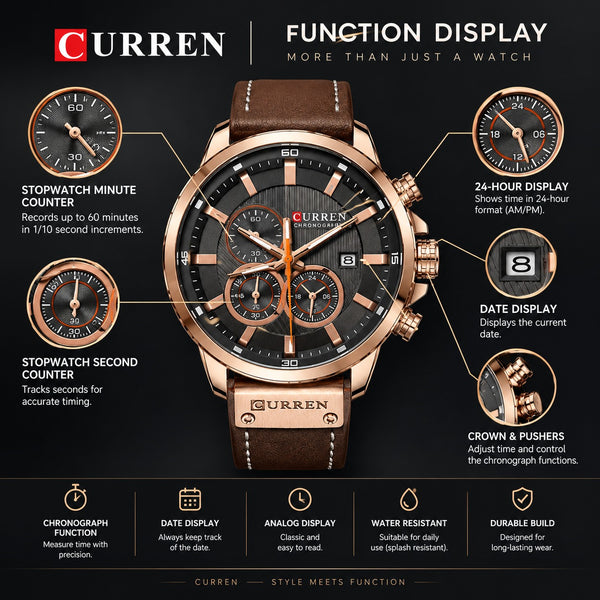 CURREN  Leather Watches Men Brand Waterproof Chronograph Quartz Watch