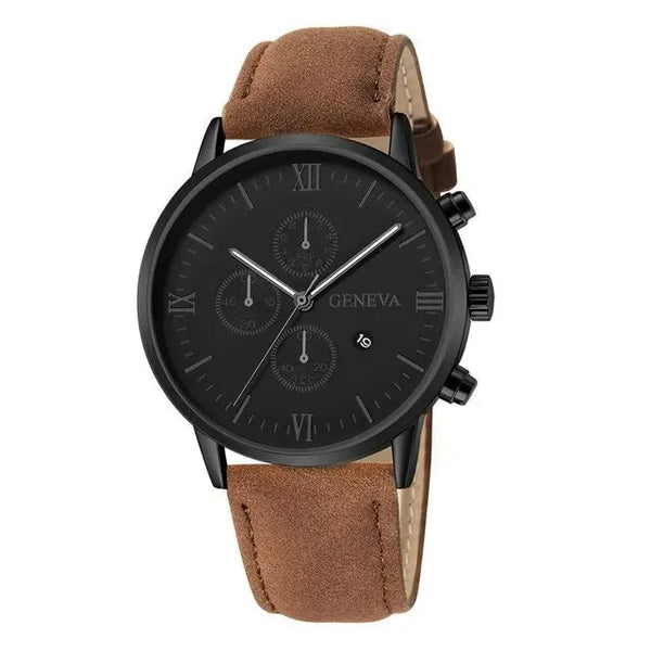 Geneva Men Casual Business Watch Day-in- Stainless Steel Leather Strap Calendar Watch Alloy Case Universal Fit
