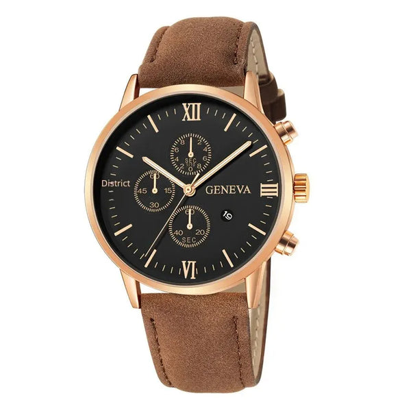 Geneva Men Casual Business Watch Day-in- Stainless Steel Leather Strap Calendar Watch Alloy Case Universal Fit